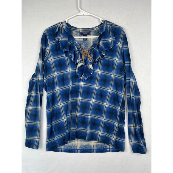 Chaps Tops - Chaps Denim Plaid Ruffle Lace Up Top Womens Large Blue Long Sleeve Cotton